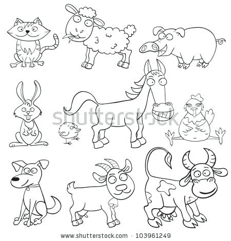 450x470 Farm Animals Coloring Page Outlined Cute Cartoon Farm Animals