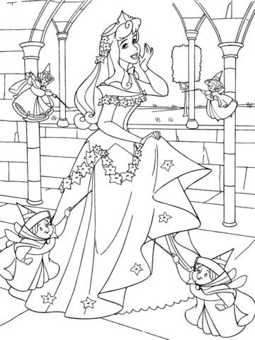 360x480 Princess Aurora With Good Fairies Coloring Page Free Printable