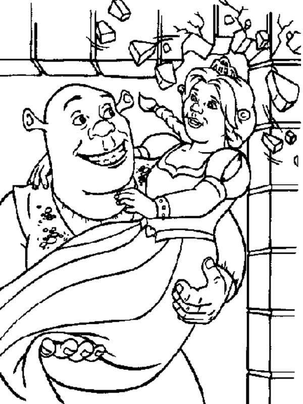 600x800 Shrek Carrying Princess Fiona His Beloved One Coloring Page