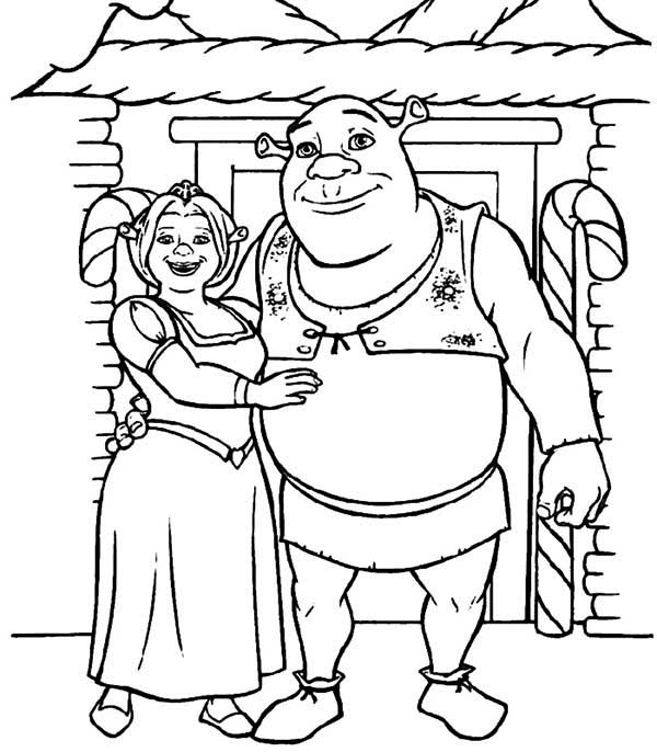 600x686 Shrek And Princess Fiona In Front Of Their House Coloring Page
