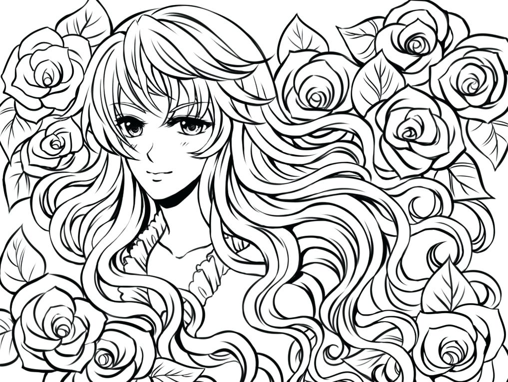 1017x765 Complex Coloring Pages Anime Girl And Flowers Printable Christmas
