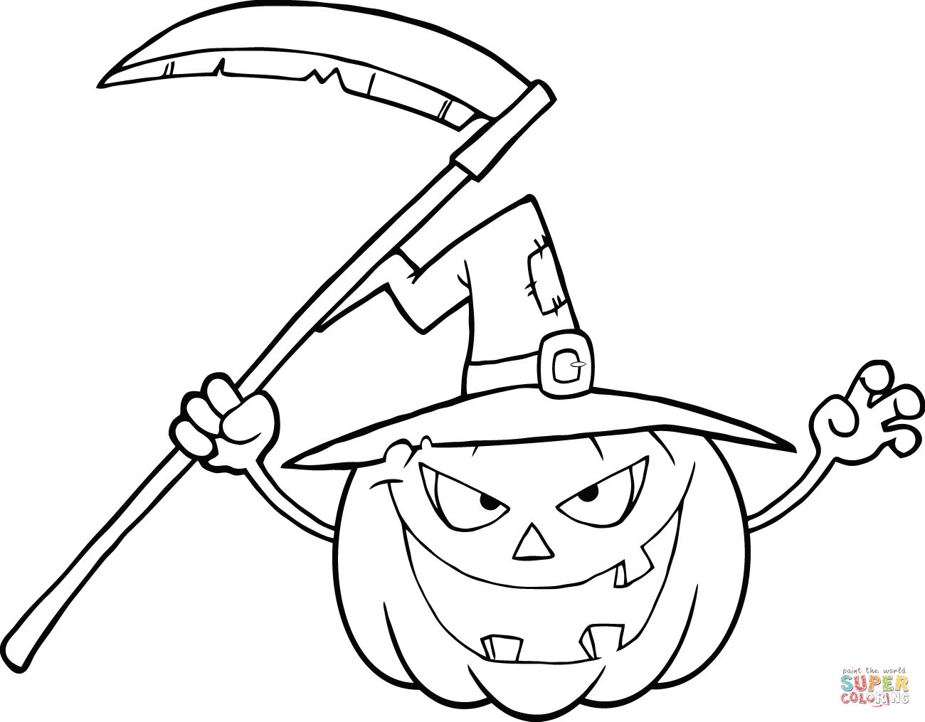 1300x1015 Halloween Pumpkin With A Witch Hat And Scythe Coloring Page