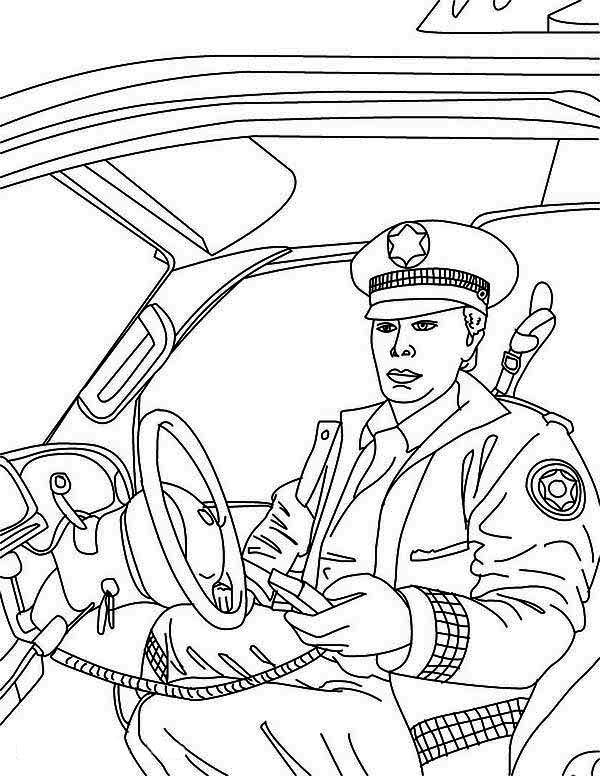 600x776 Police Man Reporting To Head Quarter In Police Car Coloring Page