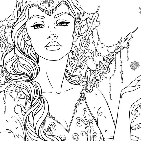 570x570 Snow Queen Adult Coloring Page Fantasy Line Art Girl Drawings