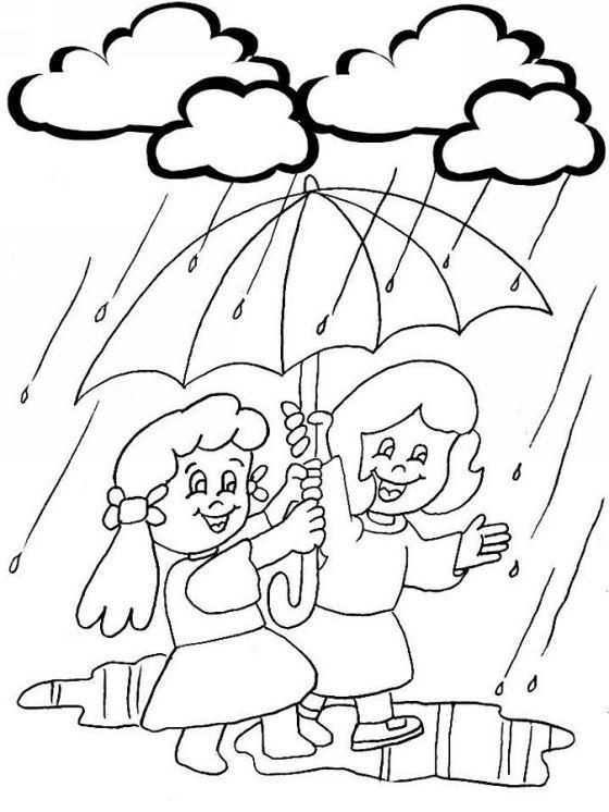 560x746 Two Girls With Umbrella In Rainy Day Coloring Page