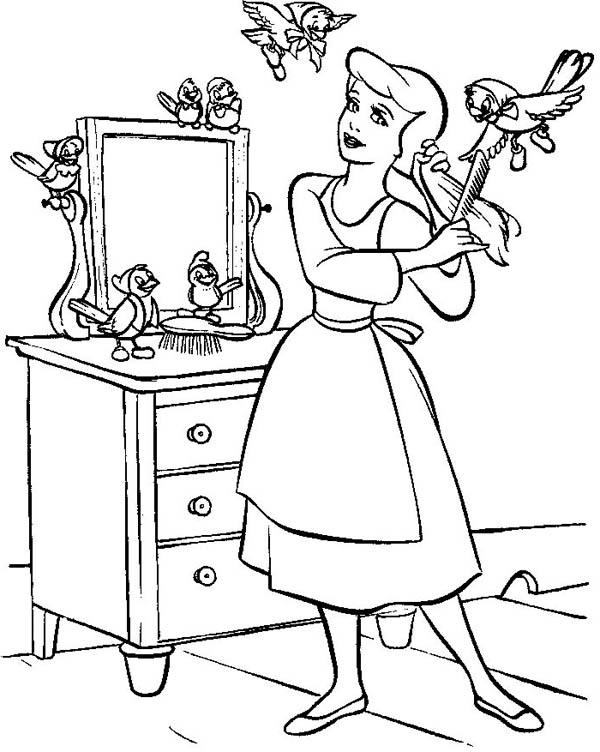 600x752 Cinderella In Her Room With Friends In Cinderella Coloring Page