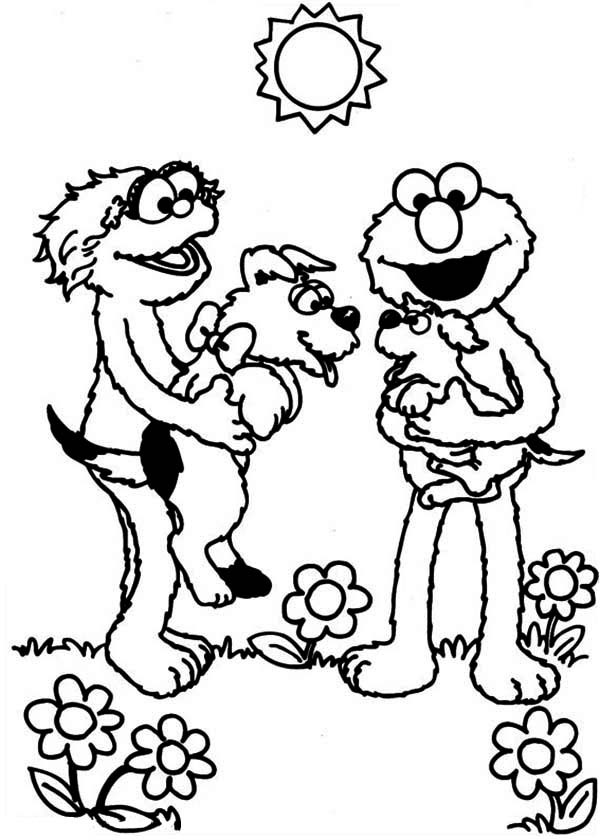 600x840 Rosita And Elmo Playing With Puppy In Sesame Street Coloring Page