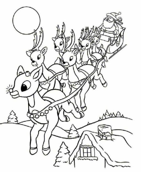 600x776 Rudolph And Santa Leigh Reindeers Coloring Page