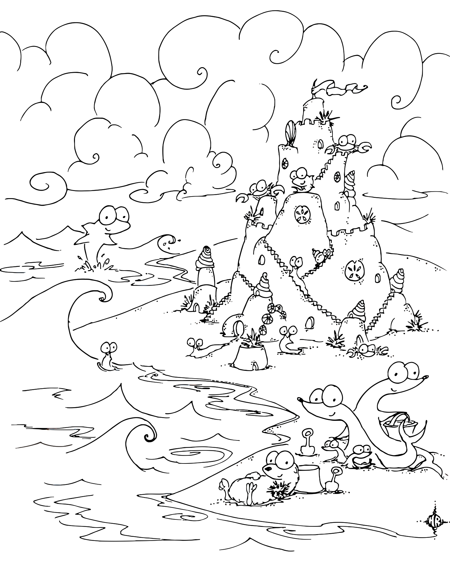 1447x1810 Coloring Page Sea Creatures Building A Sand Castle On The Beach