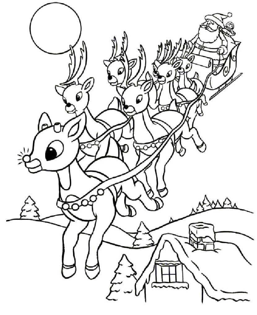 830x1016 Rudolph And Santa Sleigh Coloring Pages Hellokids Com Adorable