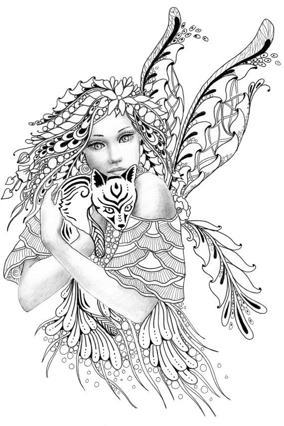 570x855 Foxie Fairy Tangles Printable Coloring Sheets