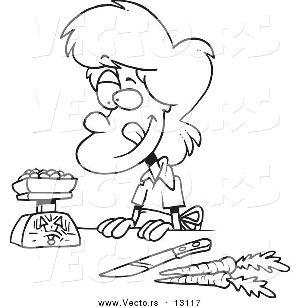 600x620 Vector Of A Cartoon Hungry Woman Weighing Her Food