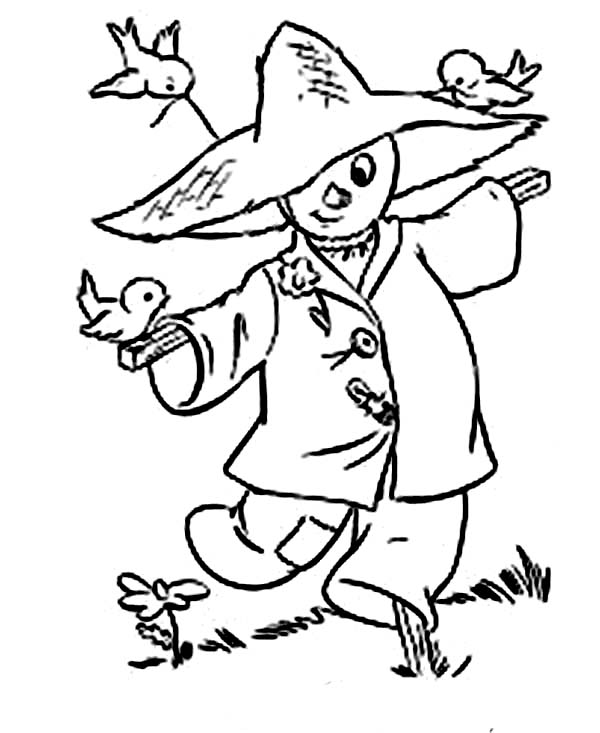 600x733 Scarecrow And Three Little Birds In Autumn Coloring Pages Batch