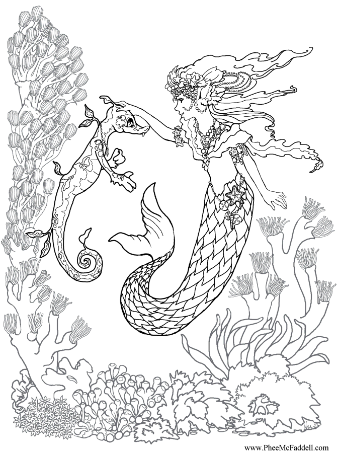 670x900 Mermaid Training A Seahorse Coloring Page Coloring Pages