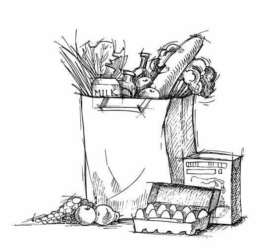 539x505 Hand Drawn Supermarket Shopping Bag With Healthy Food Grocery