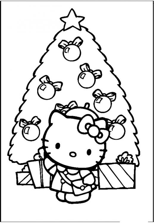 518x749 Hello Kitty And Her Simple Christmas Tree Coloring Pages