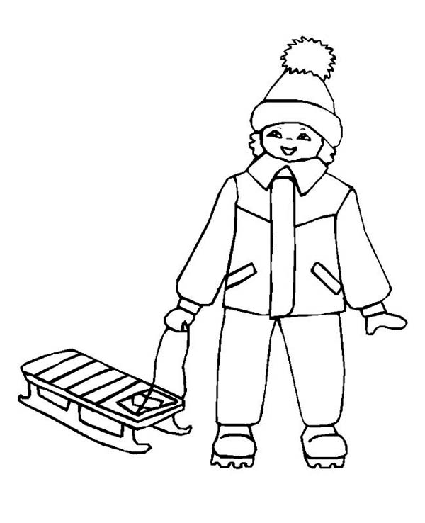 600x738 Little Kid With His Winter Sled Coloring Page