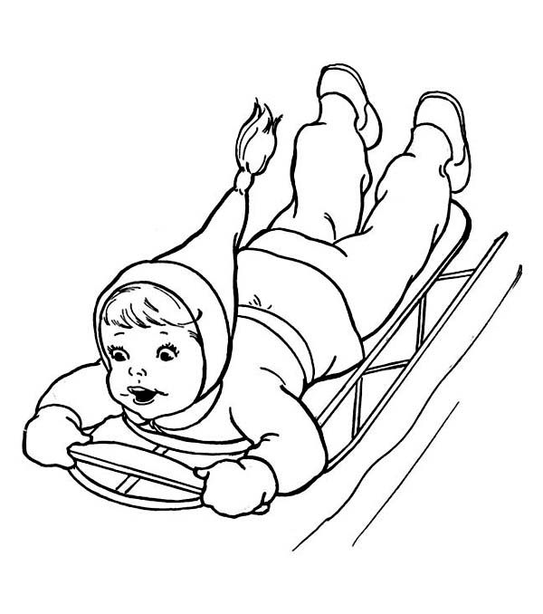 600x678 Brave Kid Sliding Down On Winter Sled Coloring Page Brave Kid