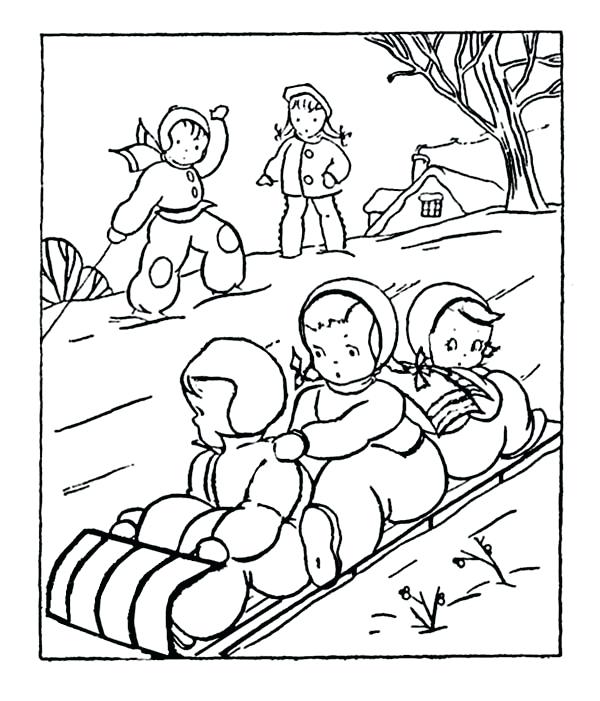 600x701 Sledding Coloring Pages Three Kids On One Winter Sled Coloring