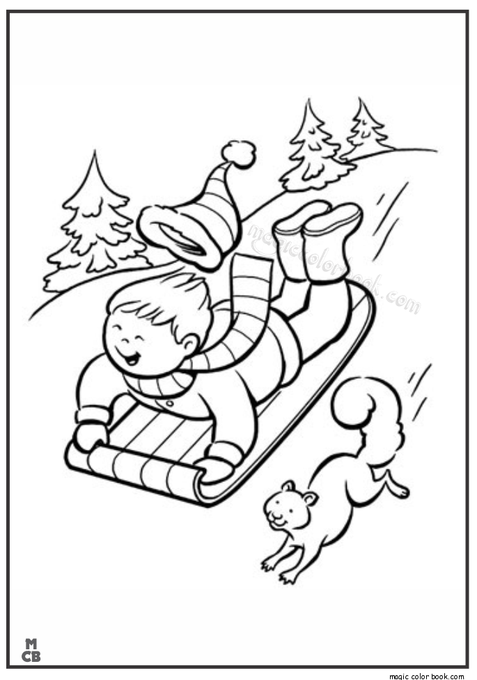 685x975 Kid Sledding On Snow Winter Coloring Page