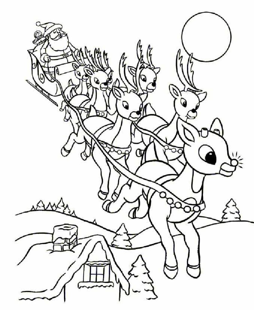 850x1100 Santa Reindeer Sleigh Coloring Page