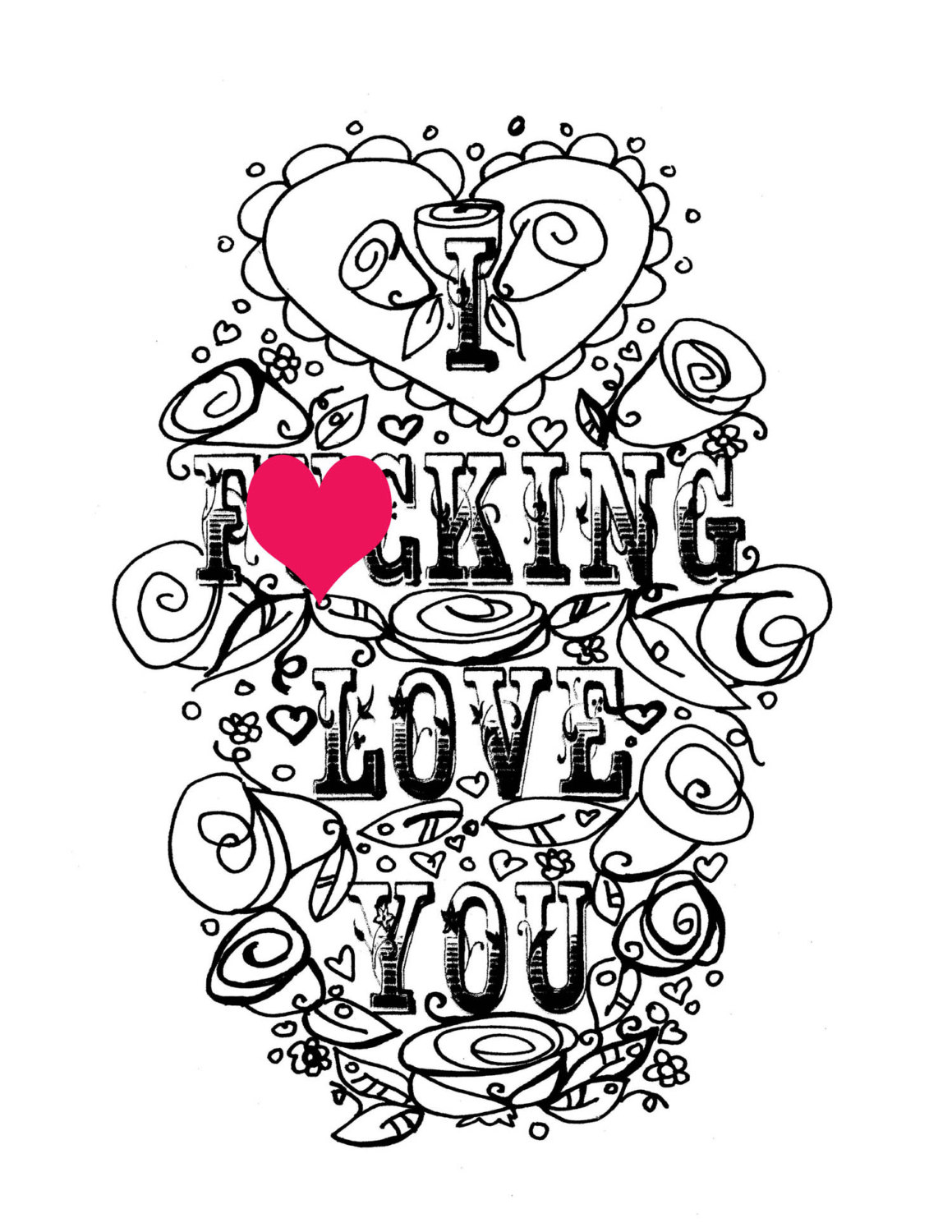 1159x1500 Adult Coloring Page Valentine's Day Curse Swear Sheet
