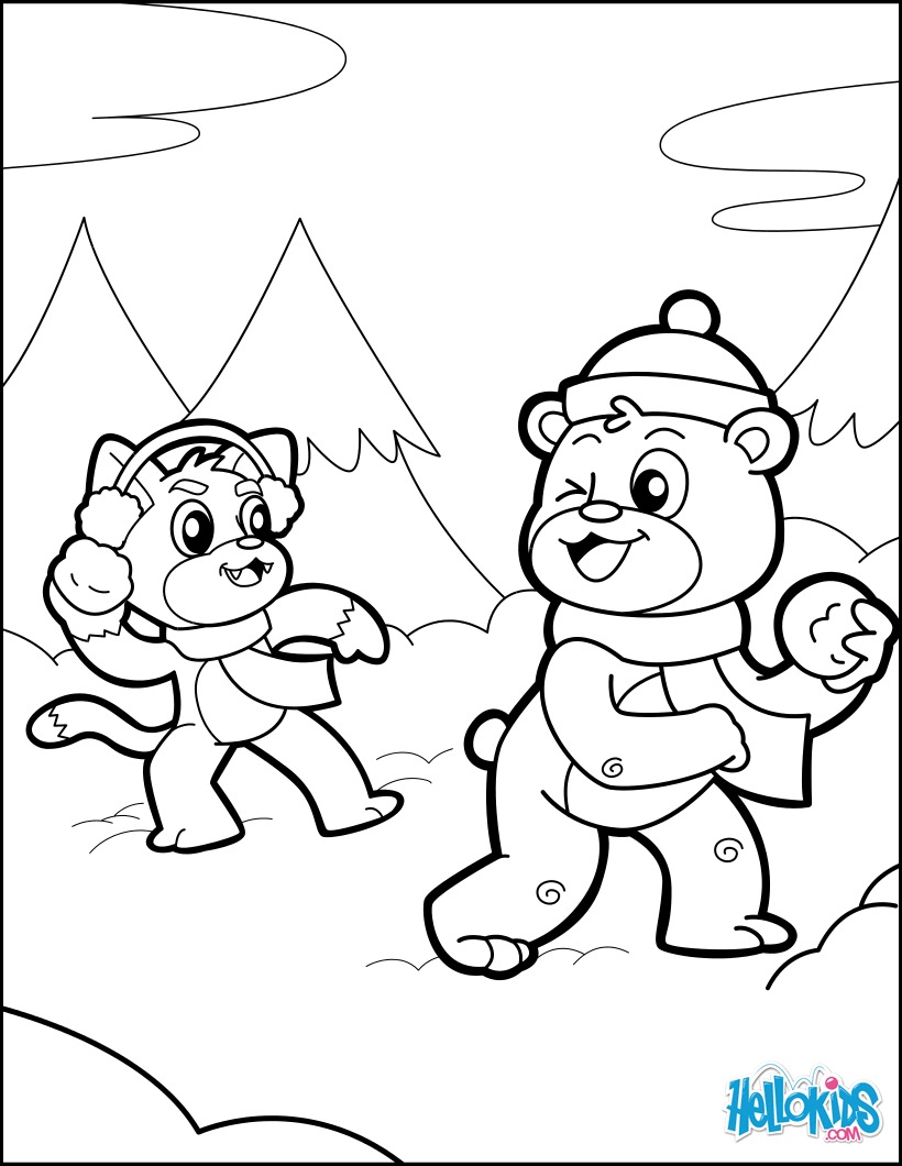 820x1060 Dog And Bear Having A Snowball Fight Coloring Pages