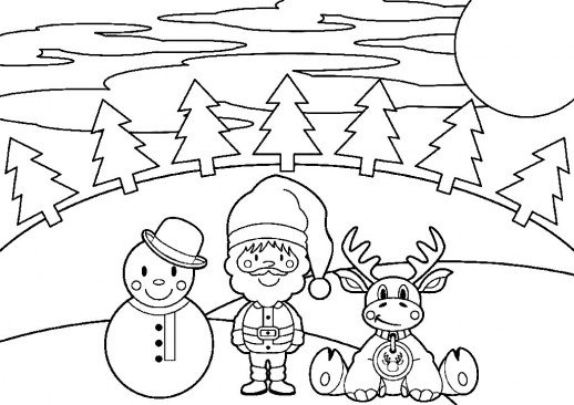 518x366 Snowman Santa And Reindeer Enjoying The Christmas Night Coloring