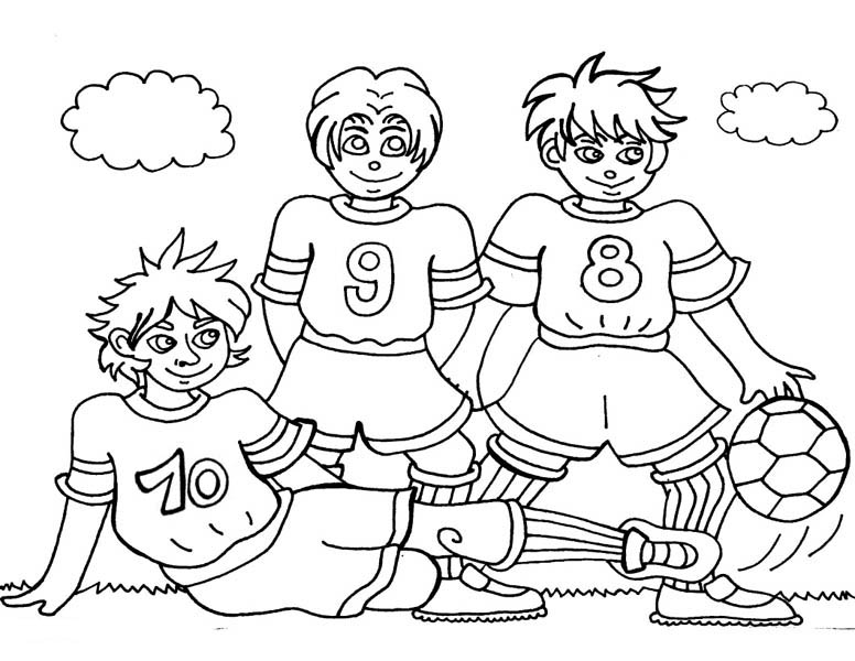 776x600 Three Soccer Player Making A Team Pose Before The Game Coloring