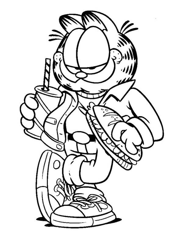 600x764 Garfield Eating Hot Dog And Soft Drink Coloring Page