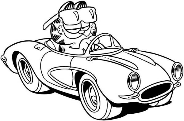 600x396 Garfield Ride Sport Car Coloring Page