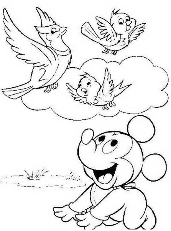 600x809 Baby Mickey And Birds Spring Disney Coloring Pages