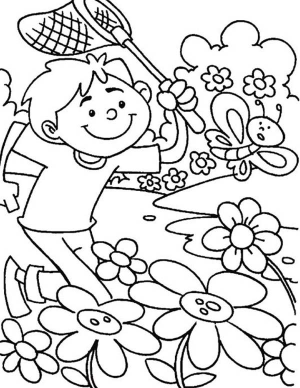 600x776 Kid Chasing Butterfly On Springtime Coloring Page Barangan Untuk