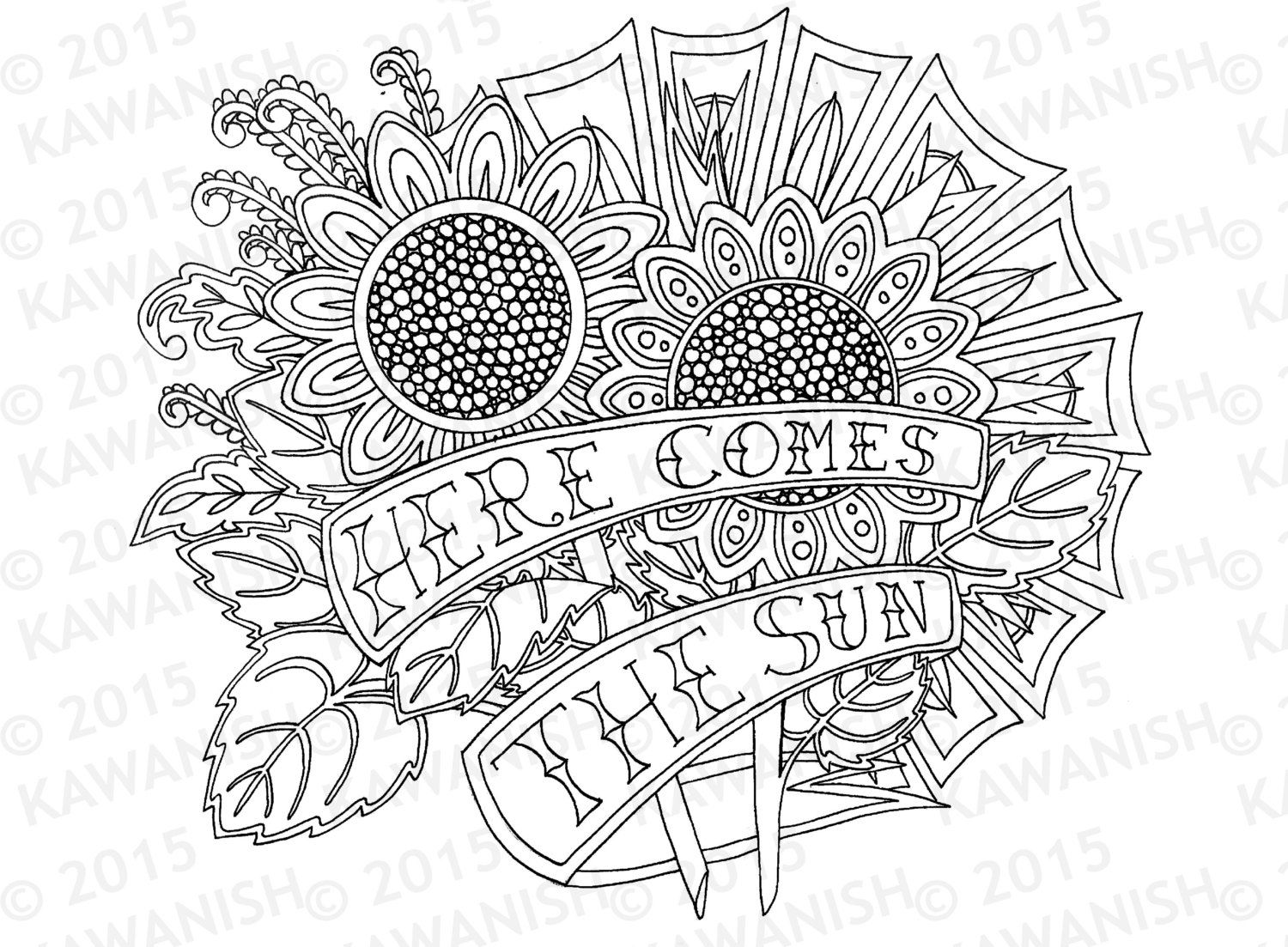 1500x1103 Here Comes The Sun Sunflowers Adult Coloring Page Gift