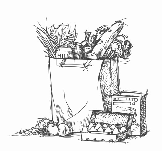 525x492 Hand Drawn Supermarket Shopping Bag With Healthy Food Grocery