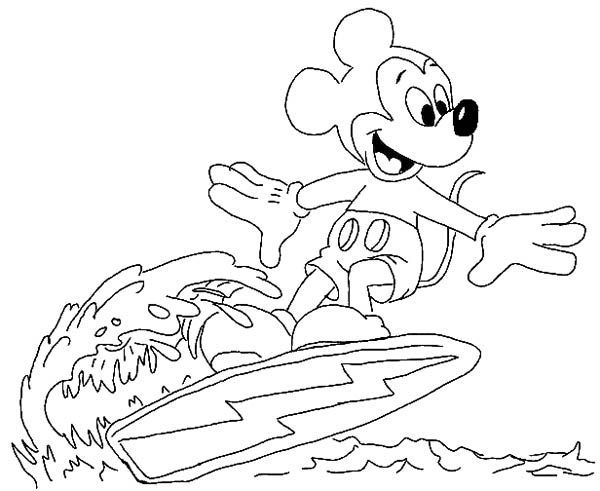 600x491 Mickey Mouse Surfing On The Wave Coloring Page Color Luna