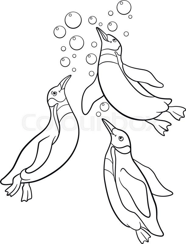 611x800 Coloring Pages Three Little Cute Penguins Swim And Smile Stock