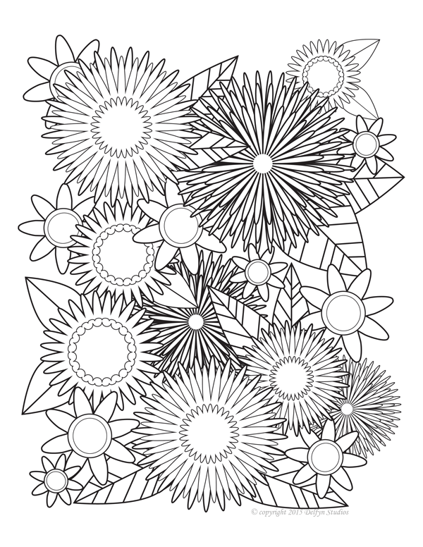 600x776 Symmetrical Blooms Adult Coloring Page Delfyn Studios