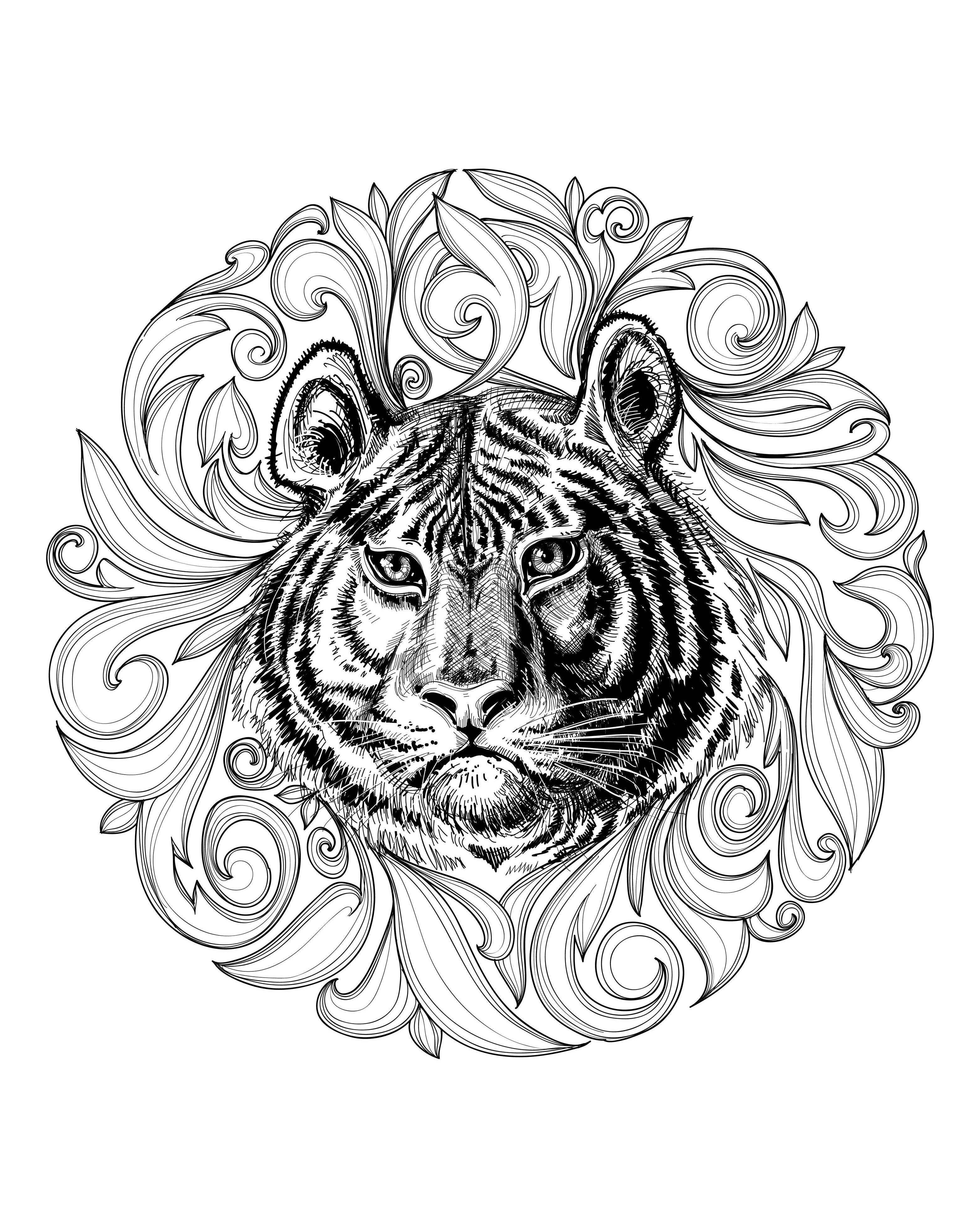 3128x3919 Free Coloring Page Coloring Adult Africa Tiger Leaves Framework