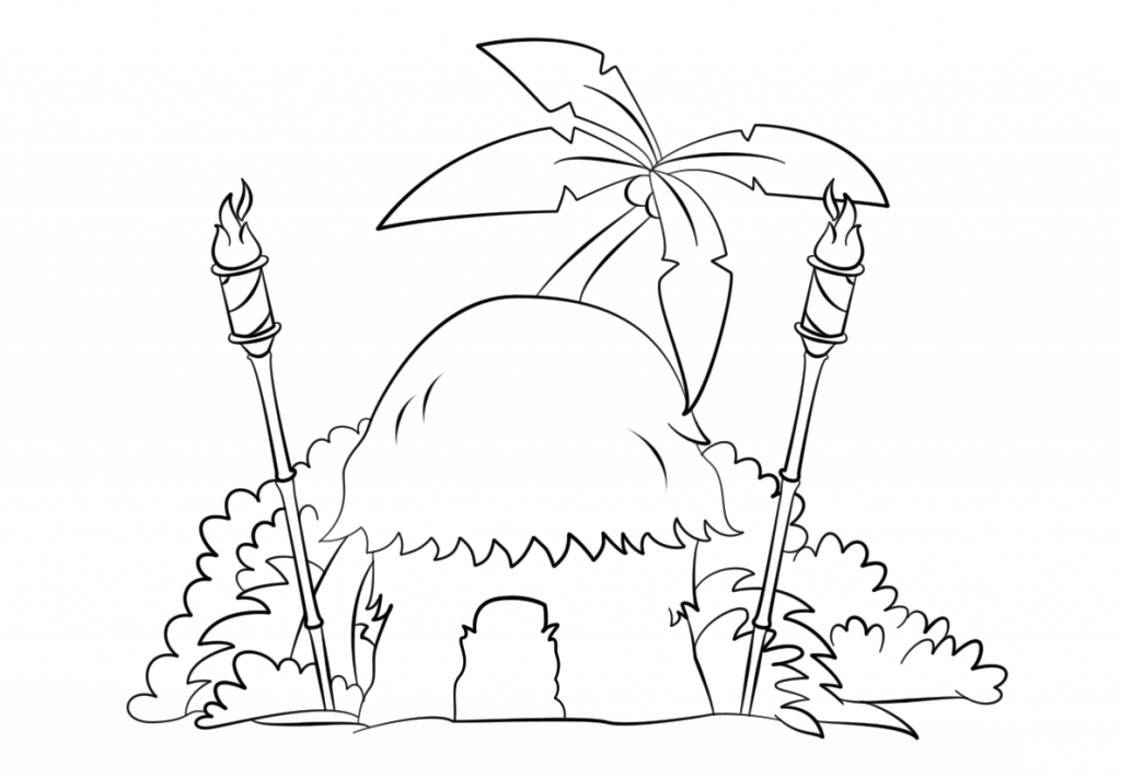 1024x711 Tiki Art Hut With Torches Coloring Page