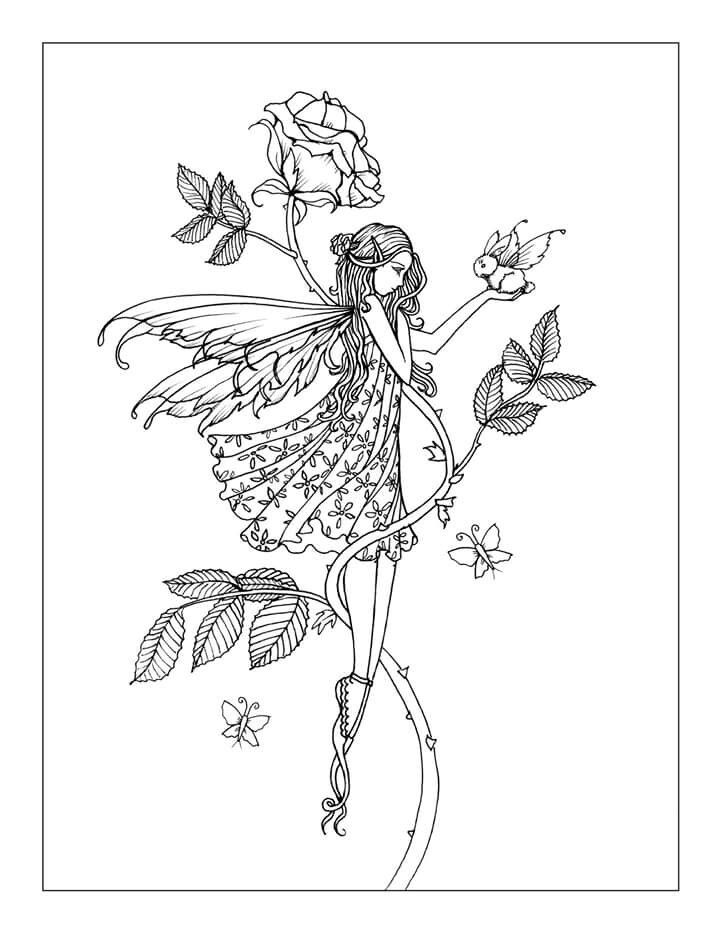 720x932 Free Rose Fairy With Tiny Winged Bunny Free Coloring Page