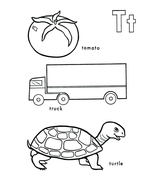 600x734 T Coloring Page Tomato Truck And Turtle In Learning Letter T