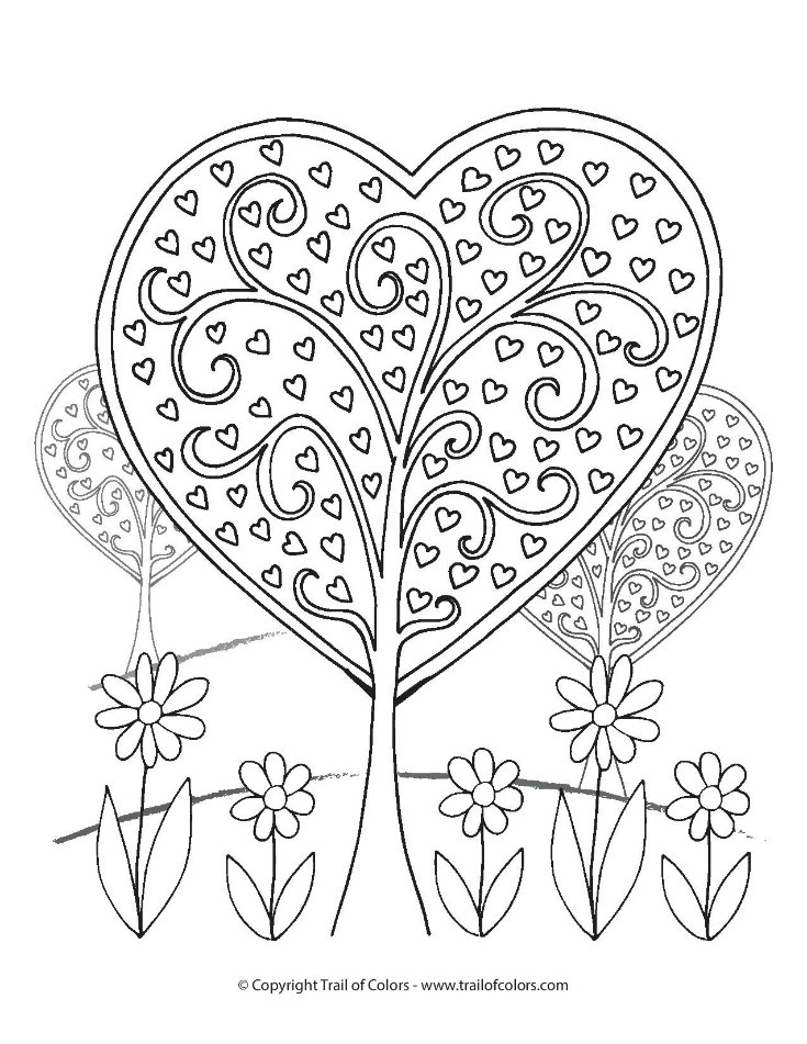 735x951 Heart Trees Valentines Day Coloring Page