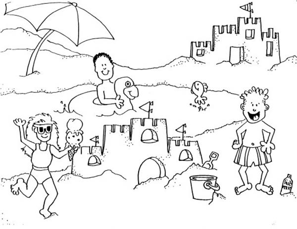 600x463 Building Sand Castle On A Beach Trip Coloring Page