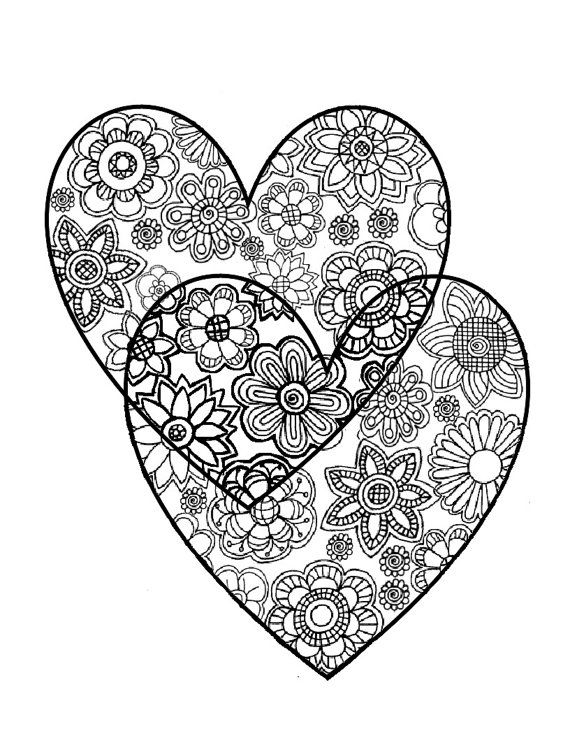 570x738 Two Hearts, Love Adult Coloring Page, Instant Digital Download