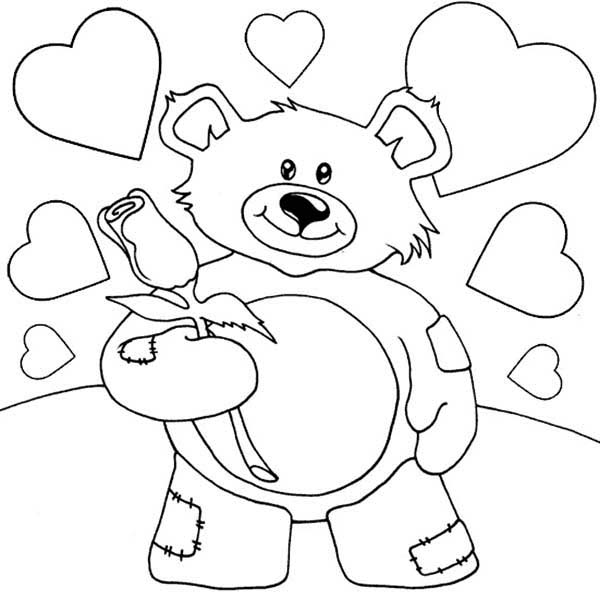 600x600 Valentine Teddy Bear Holding Rose Coloring Page Color Luna