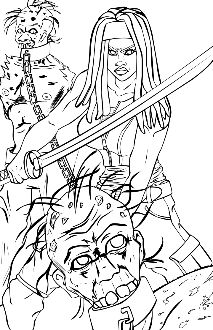 719x1111 Walking Dead Coloring Pages Michonne Line Art
