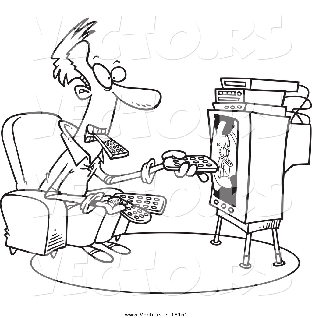 1024x1044 Vector Of A Cartoon Man Holding Many Remotes And Watching Tv