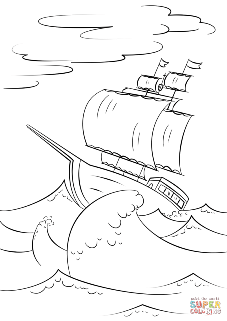 724x1024 Sailing Ship On Huge Ocean Waves Coloring Page Free Printable