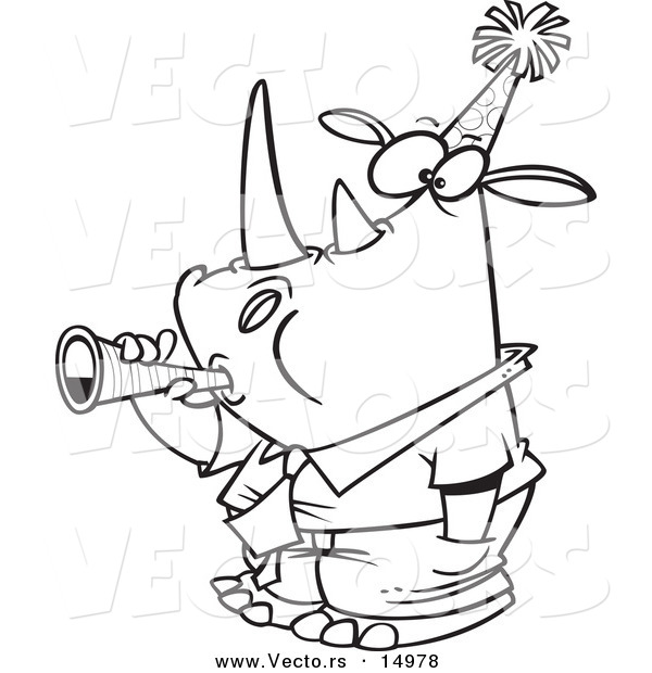 600x620 Vector Of A Cartoon New Year Rhino Businessman Blowing A Horn
